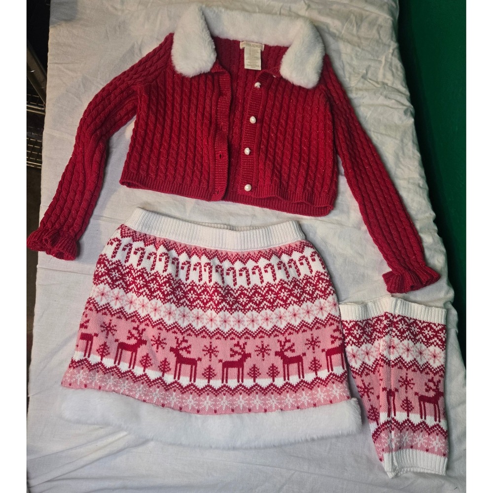 Cynthia Rowley Girls Red Fair Isle Reindeer Christmas 3 Piece Sweater Set S 5/6